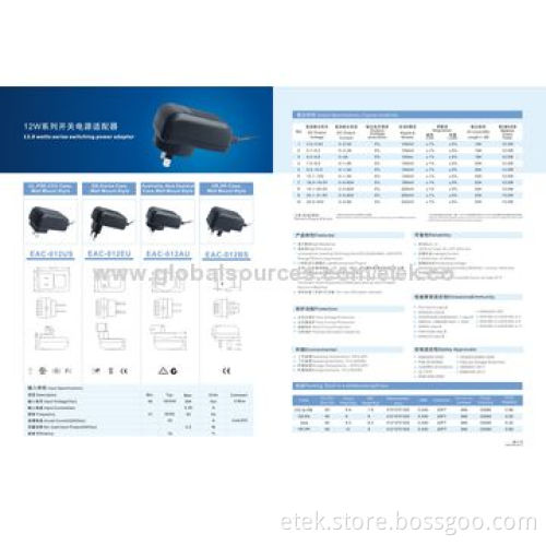 12W Switching Power Adapter with Input Current of 0.25A and 12W Output Power